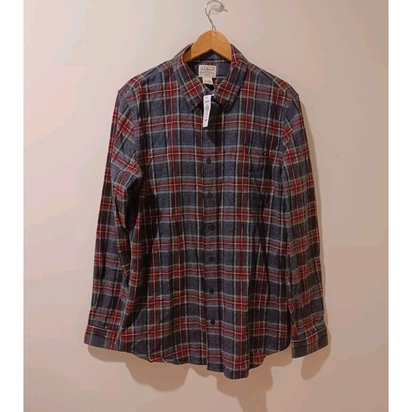 NWT LL Bean Scotch Plaid Flannel Shirt Mens L Tall Slim Fit Button Up Gray - Picture 1 of 8